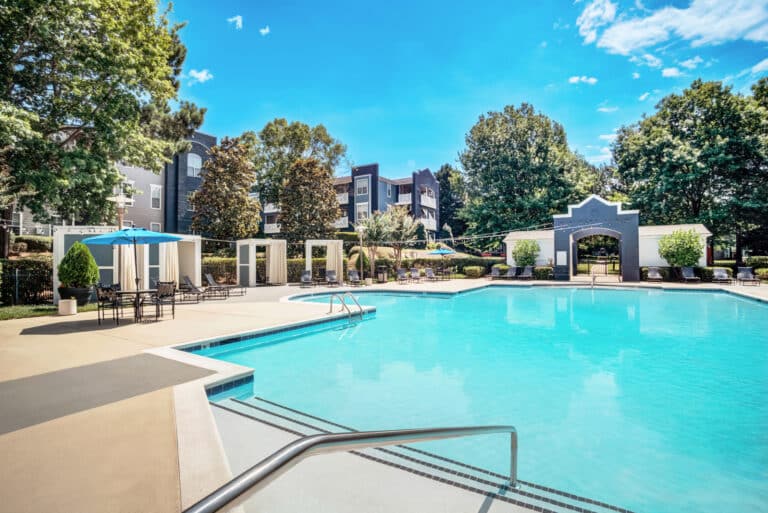 Relax at the resort-style pool at our luxury Cornelius apartments.